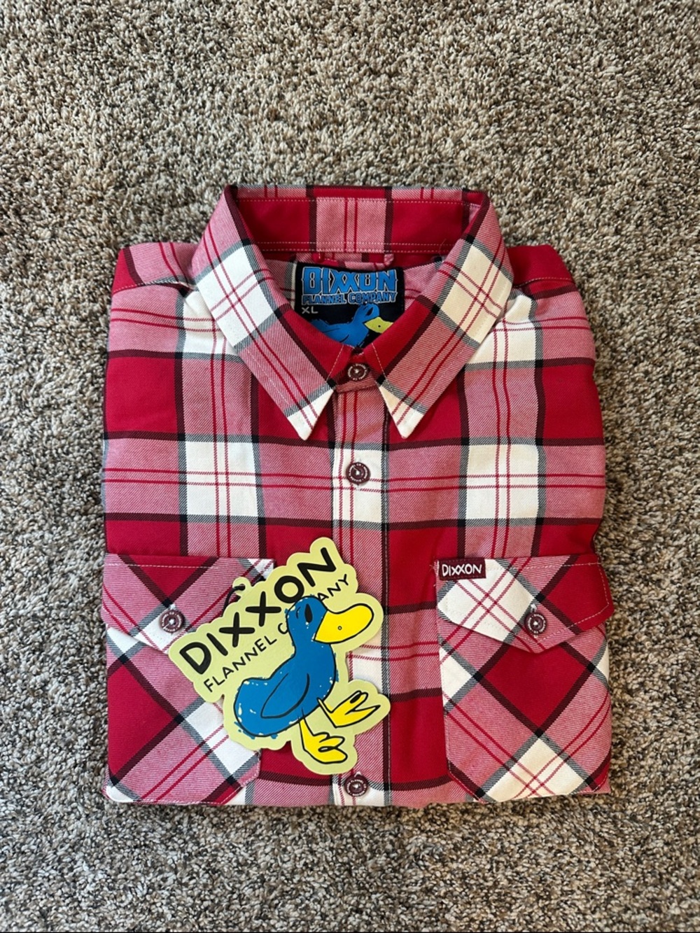DIXXON Red and White Plaid Button-Down Flannel Shirt